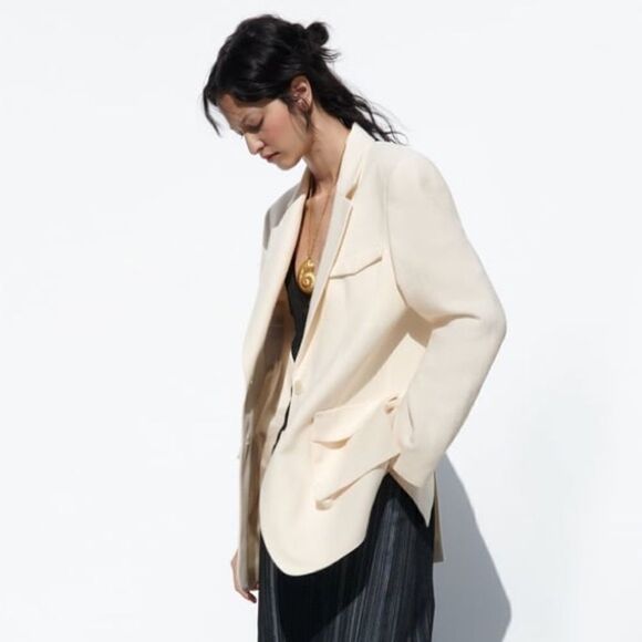 Zara Patch Pocket Blazer Ecru - Picture 5 of 8